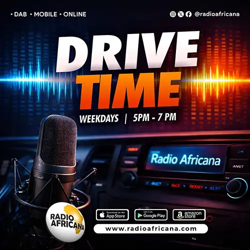 Radio Africana Drive Time promotional graphic advertising the weekday radio show airing from 5 PM to 7 PM, featuring a microphone and car radio display.