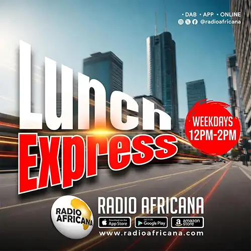 Radio Africana Lunch Express promotional graphic advertising the weekday radio show airing from 12 PM to 2 PM.