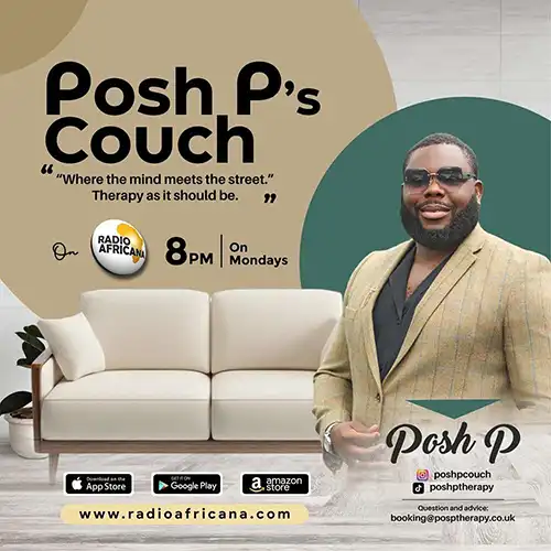 Promotional graphic for Posh P's Couch on Radio Africana, featuring host Posh P and information about the programme airing Mondays at 8 PM.