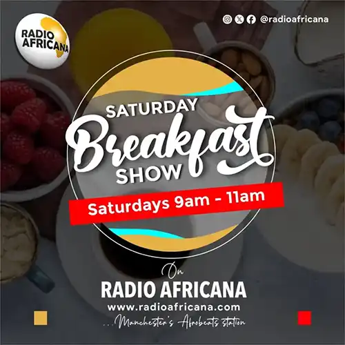 Promotional graphic for the Saturday Breakfast Show on Radio Africana, airing Saturdays from 9 AM to 11 AM.