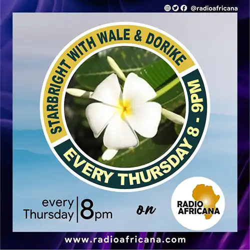 Promotional graphic for Starbright with Wale and Dorike on Radio Africana, airing every Thursday at 8 PM.