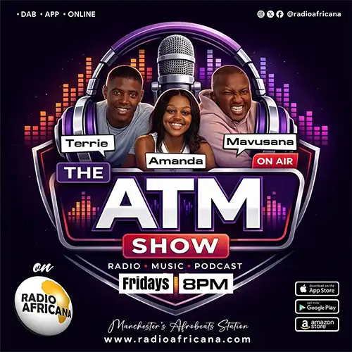 Promotional graphic for The ATM Show on Radio Africana, featuring hosts Terrie, Amanda, and Mavusana, airing Fridays at 8 PM.
