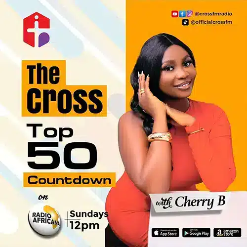 Promotional graphic for The Cross Top 50 Countdown with Cherry B, airing Sundays at 12 PM and featuring a countdown of popular music tracks.