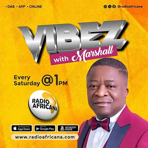 Promotional graphic for Vibez with Marshall on Radio Africana, airing every Saturday at 1 PM and featuring African music and entertainment content.